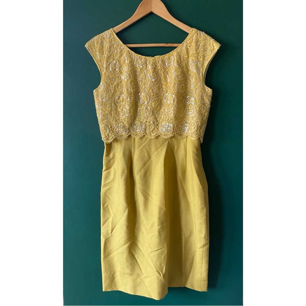 Vintage 60s Silk Dress Green Chartreuse Cocktail Party Shantung Beaded Large